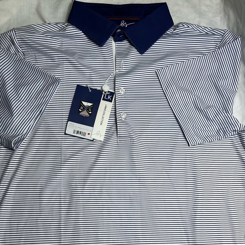 Boston Scott Golf Polo Men’s Golf Shirt Breathable‎ UPF 50 Sm Blue White Stripe - Picture 2 of 8